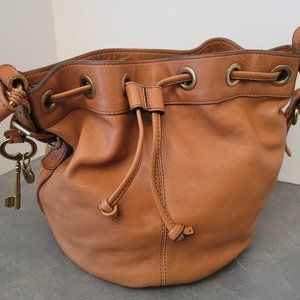 VINTAGE FOSSIL BUCKET BAG w/KEY TAN LEATHER HIPPY, BOHO